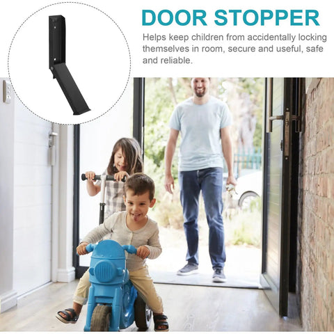 Heavy Duty Stainless Steel Kickdown Door Stop for Indoor and Outdoor Use, shown next to happy children playing at door.