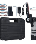 Heavy Duty Electric Mini Belt Sander With Knockout Rubber Grip And Variable Speed For Smooth Wood Metal Polishing Includes Ten Sanding Belts For No Sweat Shop Grinding with sandpaper belts and charger.