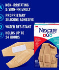Painless-Removal Bandages 40-Pack box image, strong 24-hour adhesive, water-resistant, flexible fabric with nonstick pad, assorted sizes.