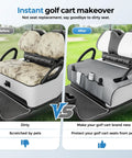 Before and after of Ride Ready Golf Cart Seat Cover Towel Blanket With Armrest Strap And Pockets Universal Front Seats Fit For Club Car EZGO Yamaha And More All Season Protection Gray.