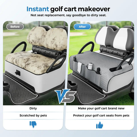 Before and after of Ride Ready Golf Cart Seat Cover Towel Blanket With Armrest Strap And Pockets Universal Front Seats Fit For Club Car EZGO Yamaha And More All Season Protection Gray.
