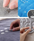 Clear Head Twist Pins With Rust Resistant Metal, 1.5 cm, used for upholstery and bed fixes, showing installation on fabric surfaces.