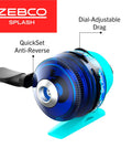 Close-up of Kids Splash Jr Spincast Reel showing quickset anti-reverse and dial-adjustable drag features in blue.