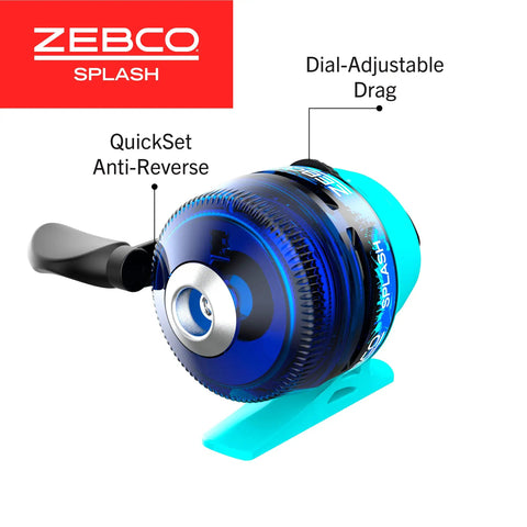 Close-up of Kids Splash Jr Spincast Reel showing quickset anti-reverse and dial-adjustable drag features in blue.