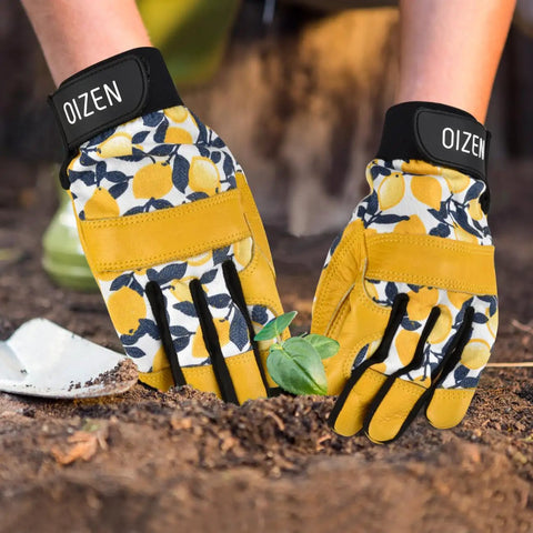 Cowhide Leather Gardening Gloves For Women And Men Tough As Nails Thorn Proof Puncture Resistant Work Gloves With Touchscreen Compatibility For Weeding Digging Planting And General Garden Tasks with yellow floral design.