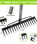 65 Inch Bow Rake For Heavy Duty Garden Work With 17 Tine Metal Head And High Strength Adjustable Handle