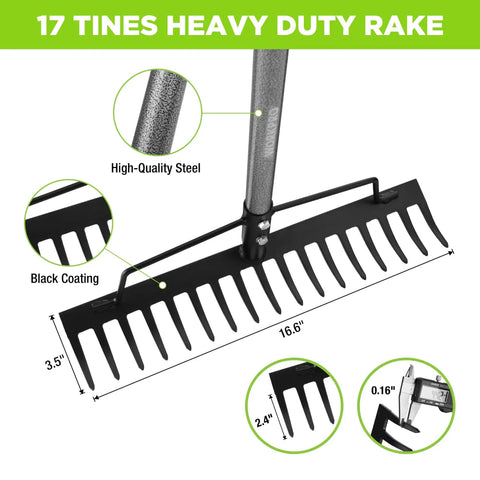 65 Inch Bow Rake For Heavy Duty Garden Work With 17 Tine Metal Head And High Strength Adjustable Handle