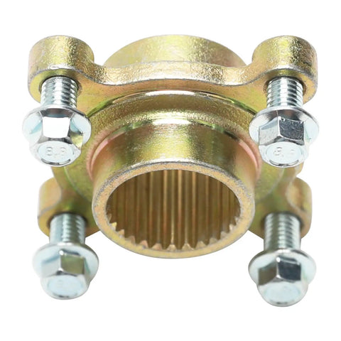 Beefy 4 Lug Rear Wheel Hub Adapter With 28 Tooth Spline Flange, rugged steel alloy with mounting bolts for ATVs, UTVs, and buggies.