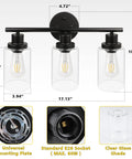 3 Light Vanity Fixture With Glass Shade Over Mirror 4000K Black Vanity Light Bulbs Included Wall Mount dimensions and features