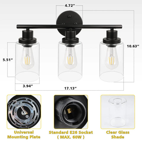 3 Light Vanity Fixture With Glass Shade Over Mirror 4000K Black Vanity Light Bulbs Included Wall Mount dimensions and features