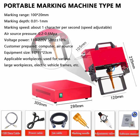 Heavy Duty Pneumatic Dot Peen Marking Machine With No Sweat Digital Control. Features marking range 100x20mm, adjustable speed.