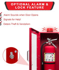 Red Wall Mount Fire Extinguisher Cabinet With Alarm And Lock And Clear Acrylic Break Glass Window Durable Metal Box That Fits 2.5 5 And 10 Pound Extinguishers For Quick Access Safety showing open cabinet with fire extinguisher inside.