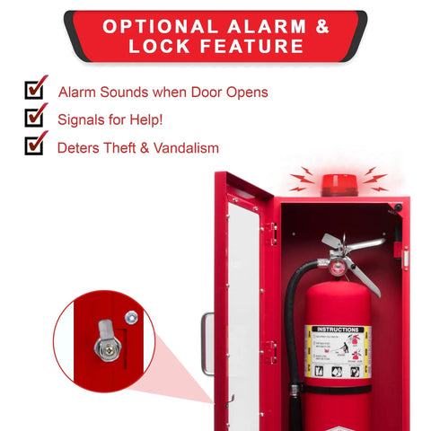 Red Wall Mount Fire Extinguisher Cabinet With Alarm And Lock And Clear Acrylic Break Glass Window Durable Metal Box That Fits 2.5 5 And 10 Pound Extinguishers For Quick Access Safety showing open cabinet with fire extinguisher inside.