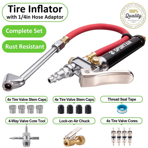 Heavy Duty Tire Pressure Gauge With Inflator And Air Chuck 4 Way Tool Valve Cores And Air Compressor Attachments for Cars
