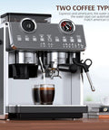 Badass Espresso Machine With Integrated Grinder And Twenty Bar Pressure For Smooth Morning Sips Featuring Thirty Precision Grind Levels Five Eight Millimeter Portafilter And Pro Steam Wand For Creamy Lattes In Sleek Iron Grey brewing espresso and americano with a glass below.