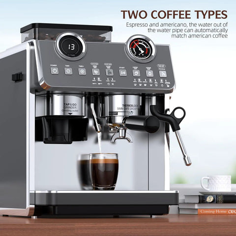 Badass Espresso Machine With Integrated Grinder And Twenty Bar Pressure For Smooth Morning Sips Featuring Thirty Precision Grind Levels Five Eight Millimeter Portafilter And Pro Steam Wand For Creamy Lattes In Sleek Iron Grey brewing espresso and americano with a glass below.