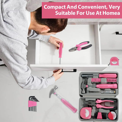 Pink Mini Tool Kit For Women, 48-Piece Multi-Purpose Home Hand Tool Set With Case, Essential Household Repair Kit displayed next to drawer being fixed