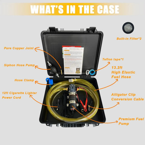 12V Fuel Transfer Pump Kit Moves Up To 120 Gallons Per Hour Of Gas Or Diesel With accessories in open suitcase case