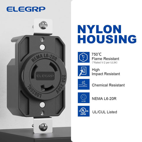 NEMA L6-20R Flush Mounting Locking Receptacle Twist Lock Socket For Generator 20 Amp 250V 2 Pole 3 Wire Grounding Industrial Grade