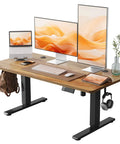 Yihayo Electric Standing Desk For Short People With 48 By 24 Inch Surface And Rustic Brown Finish, featuring dual monitors and accessories.