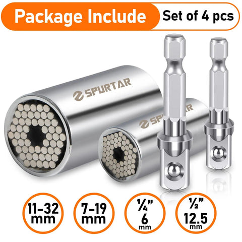 Universal Socket Set For Seven To Nineteen Millimeters And Eleven To Thirty Two Millimeters With A Multi Function Socket Tool And Drill Adapters