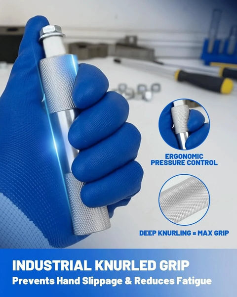 Pro Grade 11 Piece Bearing Race And Seal Driver Set ergonomic handle with industrial knurled grip for better control.