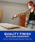 Person using No Hassle Electric Airless Paint Sprayer Featuring Always On Prime Tech for unthinned paint on wood.