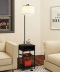 Space Saving Floor Lamp With Built In End Table And Storage Shelves, Linen Shade, Upgraded Long Cord, in living room setting