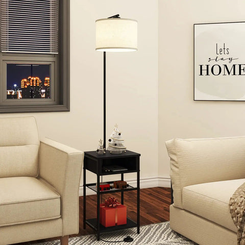 Space Saving Floor Lamp With Built In End Table And Storage Shelves, Linen Shade, Upgraded Long Cord, in living room setting