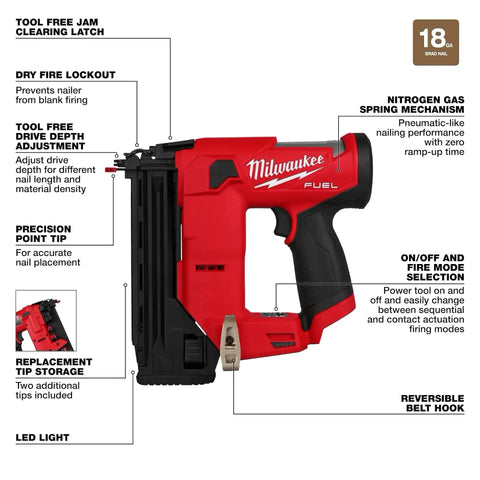 M12 Fuel 18 Gauge Compact Brad Nailer With Tool Free Depth Adjustment Jam Clearing Latch Cordless for Hardwoods