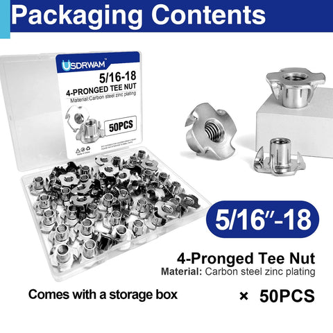 50 Pack 5/16-18 T Nuts For Wood Zinc Plated Carbon Steel 4 Prong Tee Nuts For Furniture Cabinets And Rock Climbing Holds