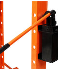 Close-up of 30 Ton Hydraulic Shop Press With Adjustable H Frame And Gauge, Dual Pump, Steel Construction, Garage Grade, orange color