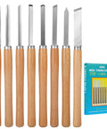 Eight Piece Wood Lathe Tool Set with Steel Blades displayed with engraved handles and colorful packaging.