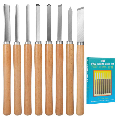 Eight Piece Wood Lathe Tool Set with Steel Blades displayed with engraved handles and colorful packaging.