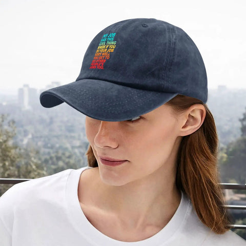 Person wearing Low Profile Navy Blue Adjustable Baseball Hat For Men Built From Soft Cotton With Breathable Holes All Day Comfort