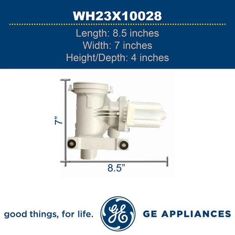 Diagram showing dimensions of Drain Pump Replacement For Washing Machines, OEM GE WH23X10028, with measurements 8.5x7x4 inches.