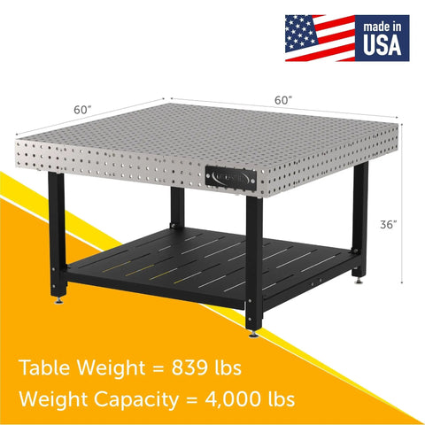 Heavy Duty Welding Fixture Table With Storage Shelf 60 By 60 By 36 Inches showing precision holes, metal shelf, and sturdy legs.