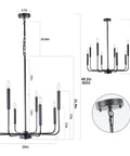 Eight Light Modern Farmhouse Black Chandelier For Dining Room And Living Areas Matte Black Candle Style Ceiling Fixture with dimensions.