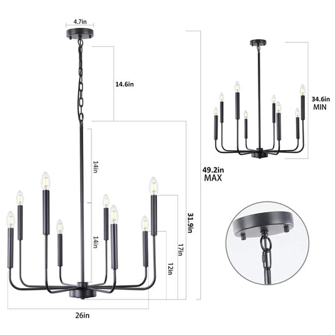 Eight Light Modern Farmhouse Black Chandelier For Dining Room And Living Areas Matte Black Candle Style Ceiling Fixture with dimensions.