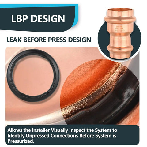 30 Pack Heavy Duty Copper Press Fit Coupling Reducer 1 1 2 Inch By 3 4 Inch Plumbing Connector with leak before press design, featuring a black rubber O-ring.