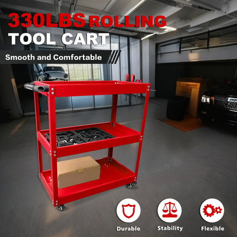 Updated 3 Tier Rolling Tool Cart With Wheels, Heavy Duty Steel Utility Cart, Ergonomic Handle, 330 Lb Load Capacity