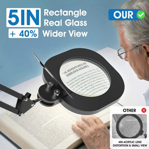 Senior using Two In One Magnifying Lamp With Light And Stand For Seniors And Crafts Stepless Color And Brightness Desk Led Clamp Lamp With Extra Long Arm For Hands Free Reading And Detailed Work to read book