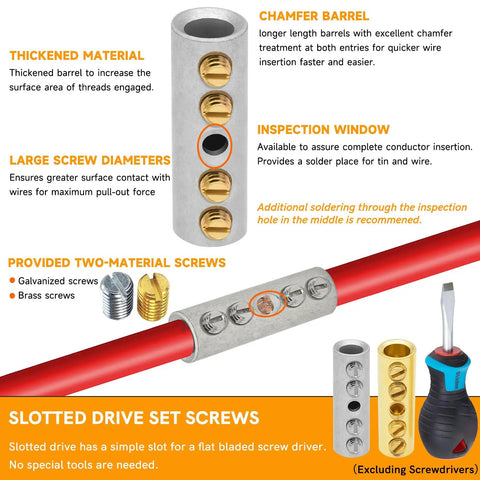 4 Gauge Wire Butt Connectors Kit For Mechanical Splices, Heavy Duty 6 Pcs 4 AWG screw type connector with brass and galvanized screws