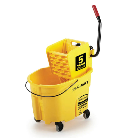 WaveBrake 35 Qt Side Press Mop Bucket And Wringer On Wheels Yellow For Pro Grade Industrial Floor Cleaning Heavy Duty Mopping System That Cuts Splashing By Up To 80 Percent Keeps Water In And Boosts Safety And Productivity