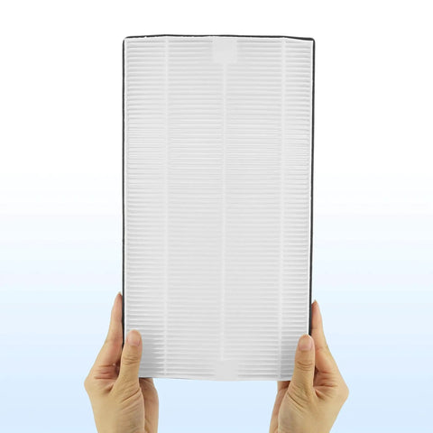 Hands holding an Advanced Allergen Reduction True HEPA H13 Replacement Filter for 3M Filtrete room purifier, vertical view.