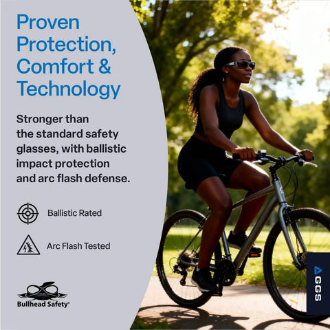 Person riding bike wearing Dorado Anti Fog Safety Glasses With Lightweight Design, Impact And Scratch Resistant Lenses, UV Blocking Sunglasses For Hunting, Shooting, Outdoor Sports And Construction, Smoke Crystal Black.