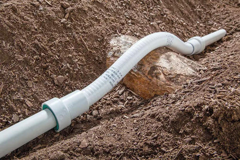 One Inch PVC Lock Flexible Repair Coupling for Schedule 40 pipe installed in dirt trench, no glue quick install with stainless teeth and O-ring.