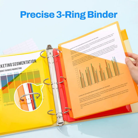 Open binder with eight tab dividers and pockets, showcasing charts, labeled 'Precise 3-Ring Binder'. Includes 40 paper tabs.
