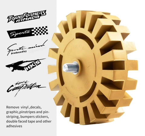 Decal Remover Eraser Wheel For Drill, Rubber Wheel Tool Kit with sharp edges, yellow, side view, adhesive remover