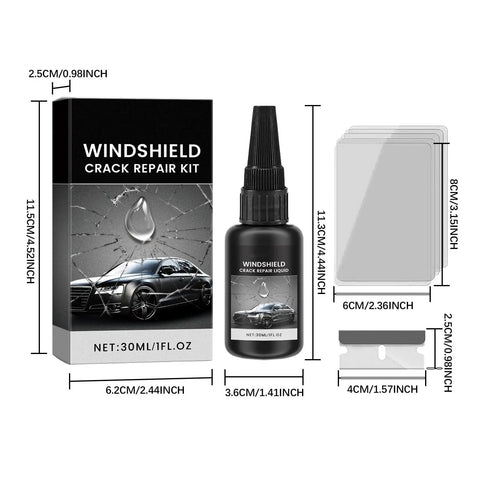 Upgraded Windshield Crack Repair Kit With Premium Glass Repair Liquid for bullseye, star, linear, and radial cracks visible.